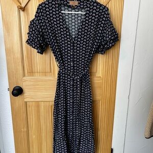 Kachel x Anthropologie Navy and White Patterned Midi Dress